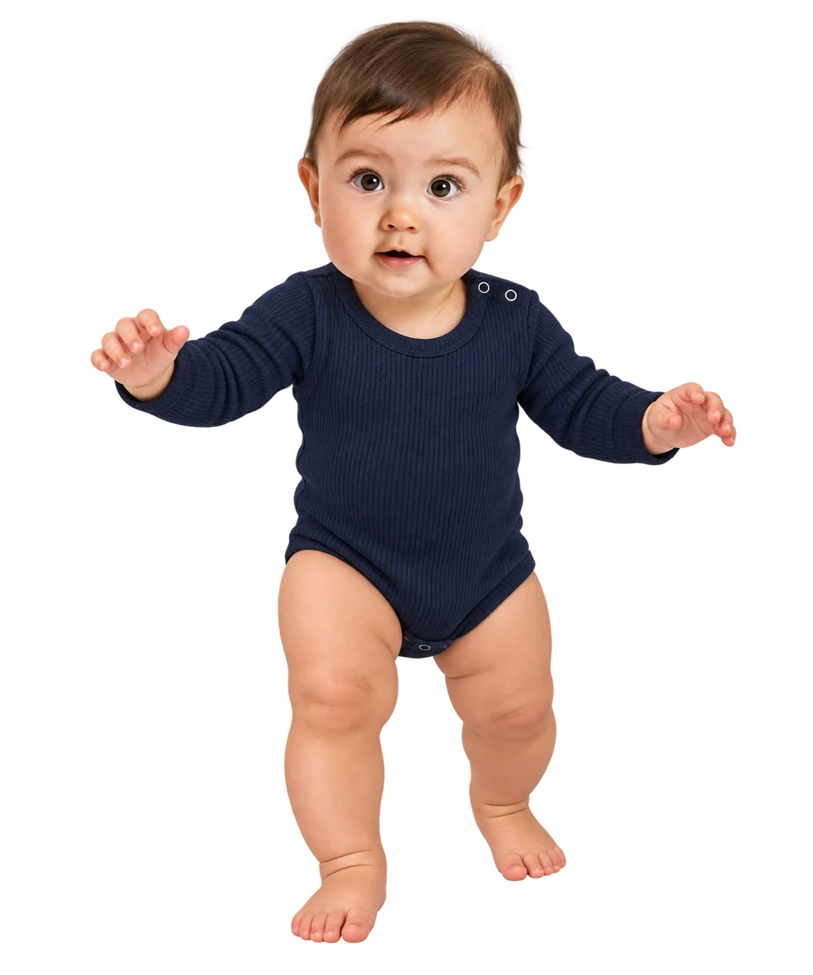 Baby boy taking his first steps in a navy ribbed thermal romper