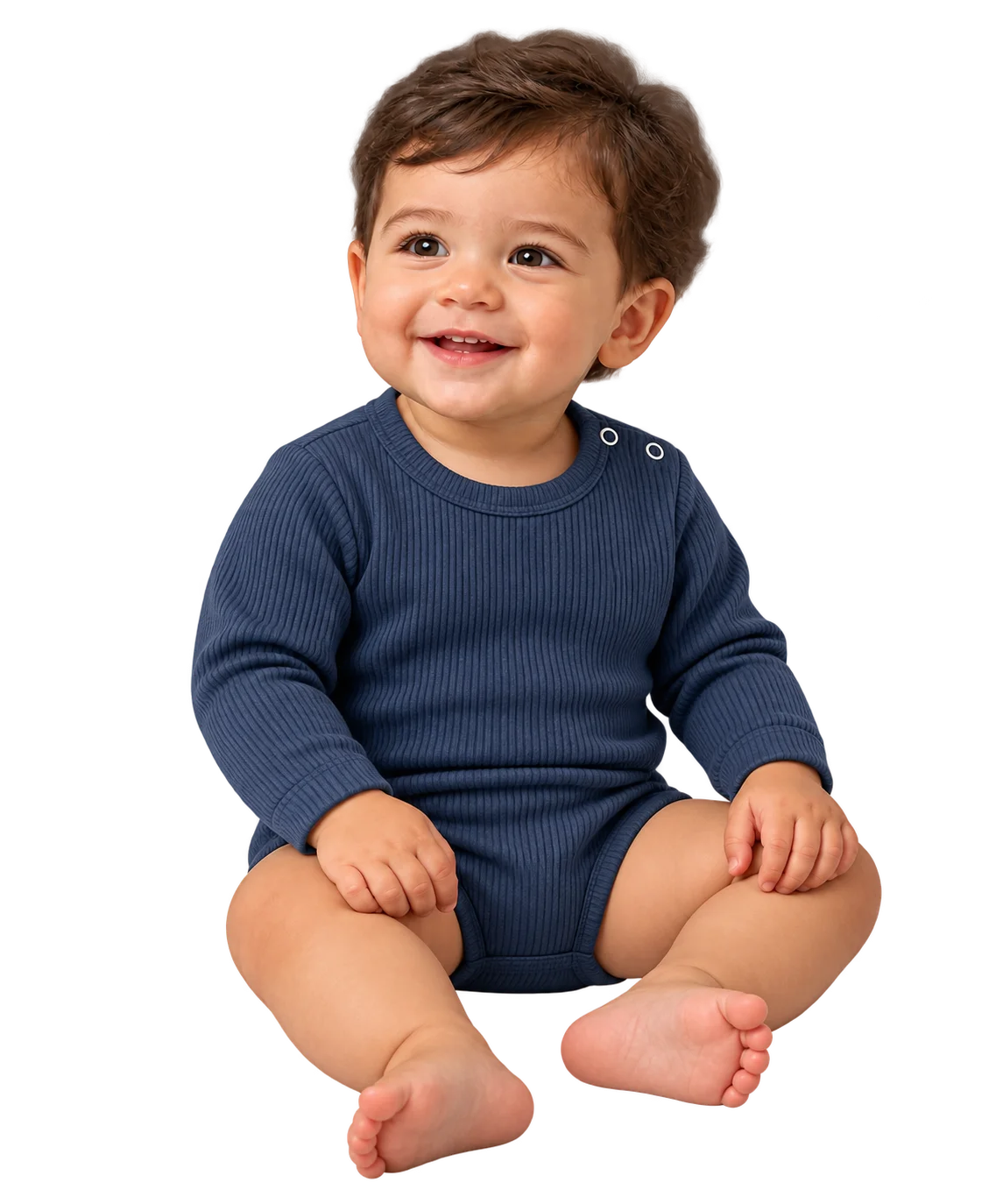 Smiling baby boy wearing a navy thermal romper