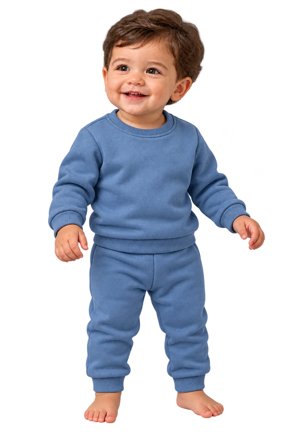 Smiling baby boy wearing a blue sweatshirt and pants